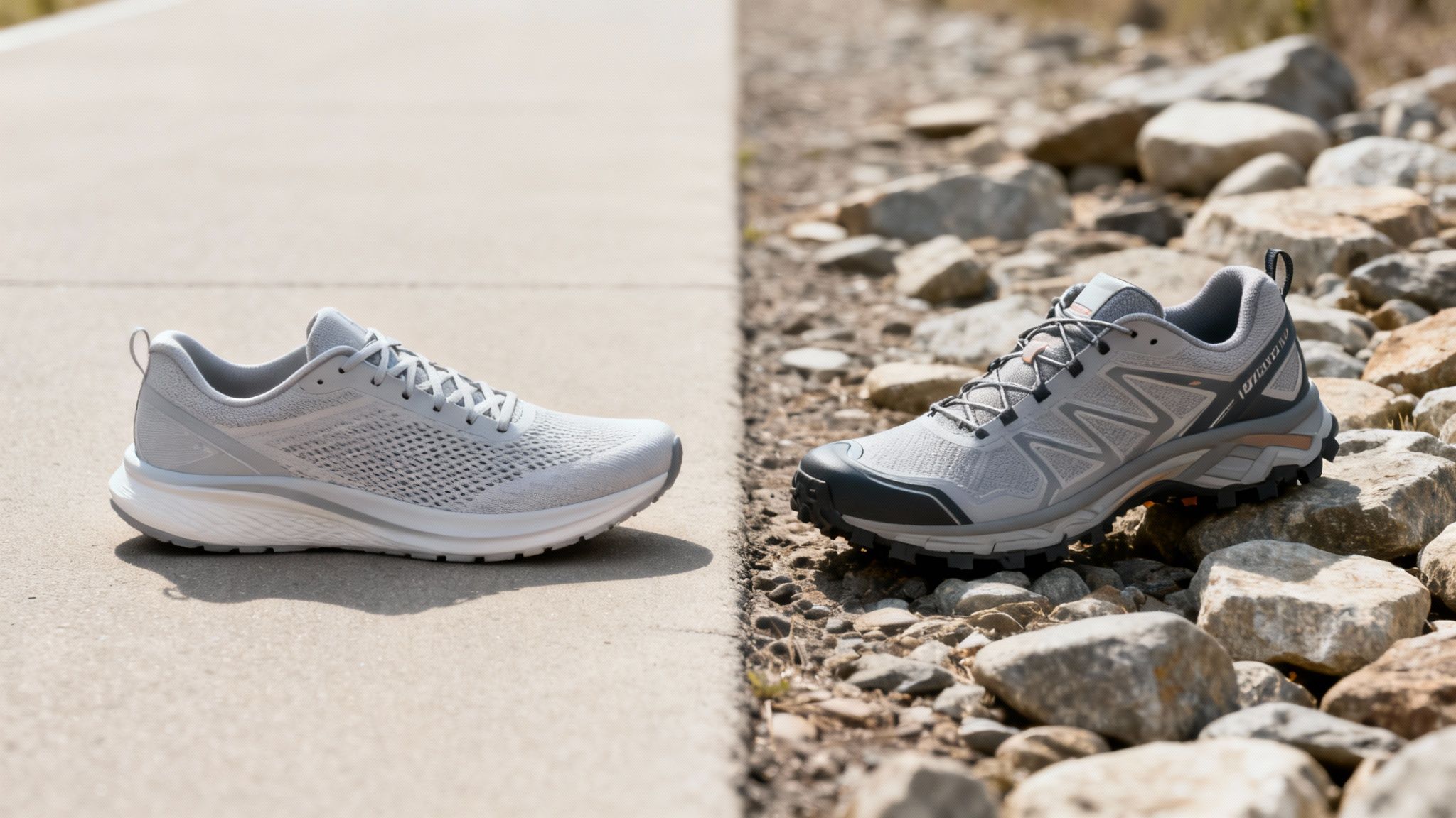 Gray athletic shoe on pavement contrasts with gray trail shoe on rocky ground under sunlight, showcasing different terrains.