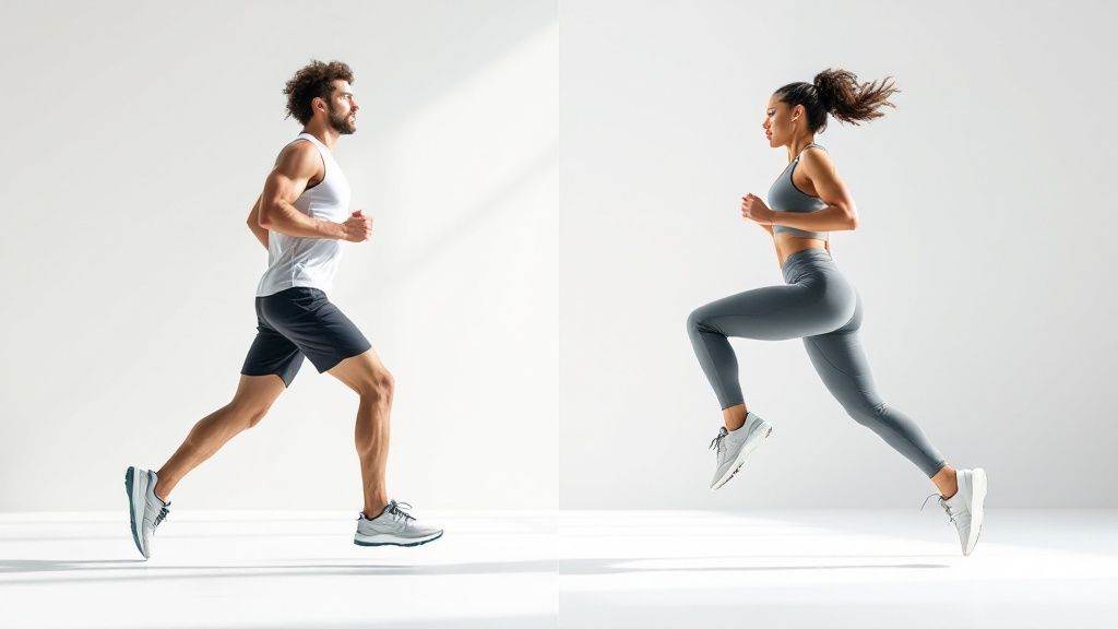 Man and woman running indoors on a white background. He wears a white tank and shorts; she wears a grey sports outfit. Energetic mood.