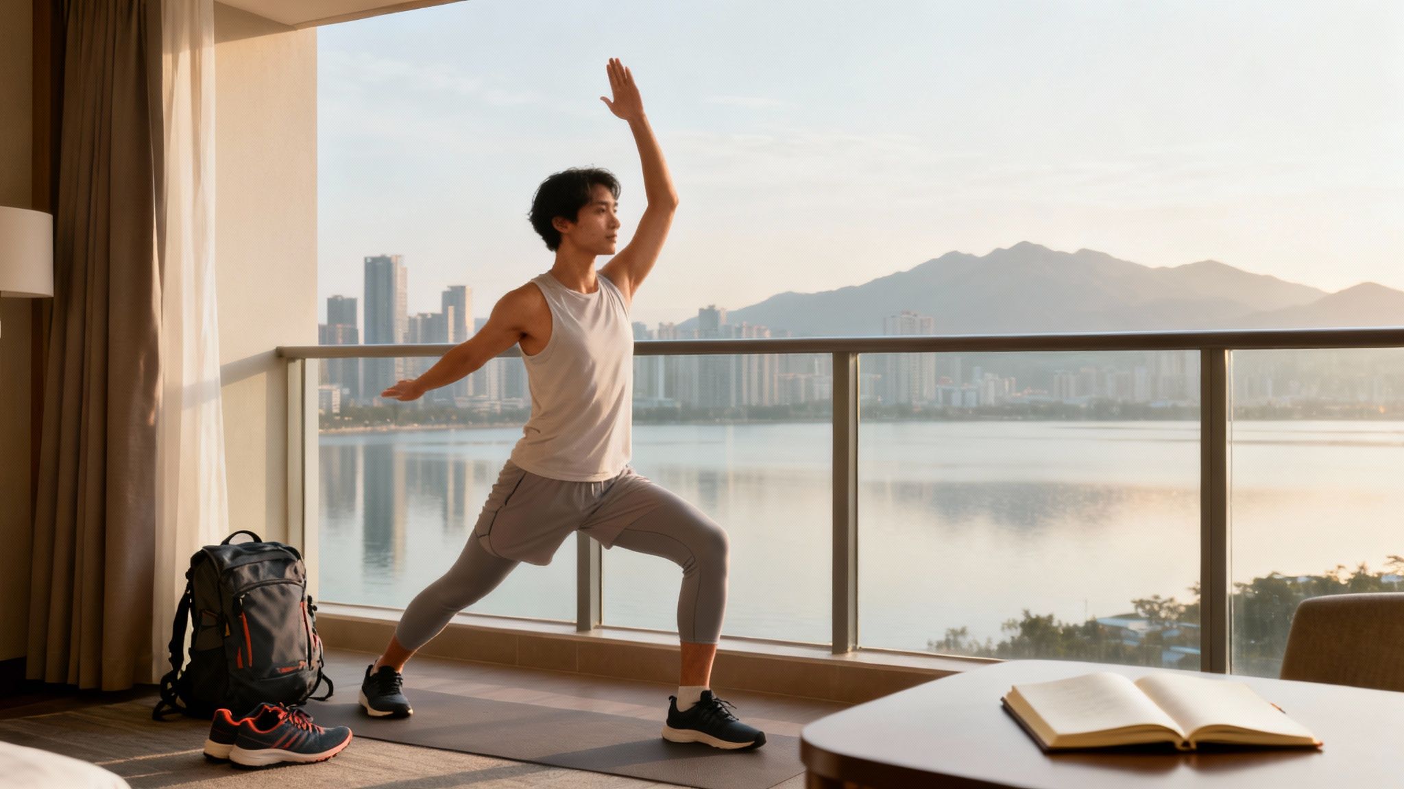 A man practices yoga on a balcony overlooking a city skyline, lake, and mountains at sunrise.