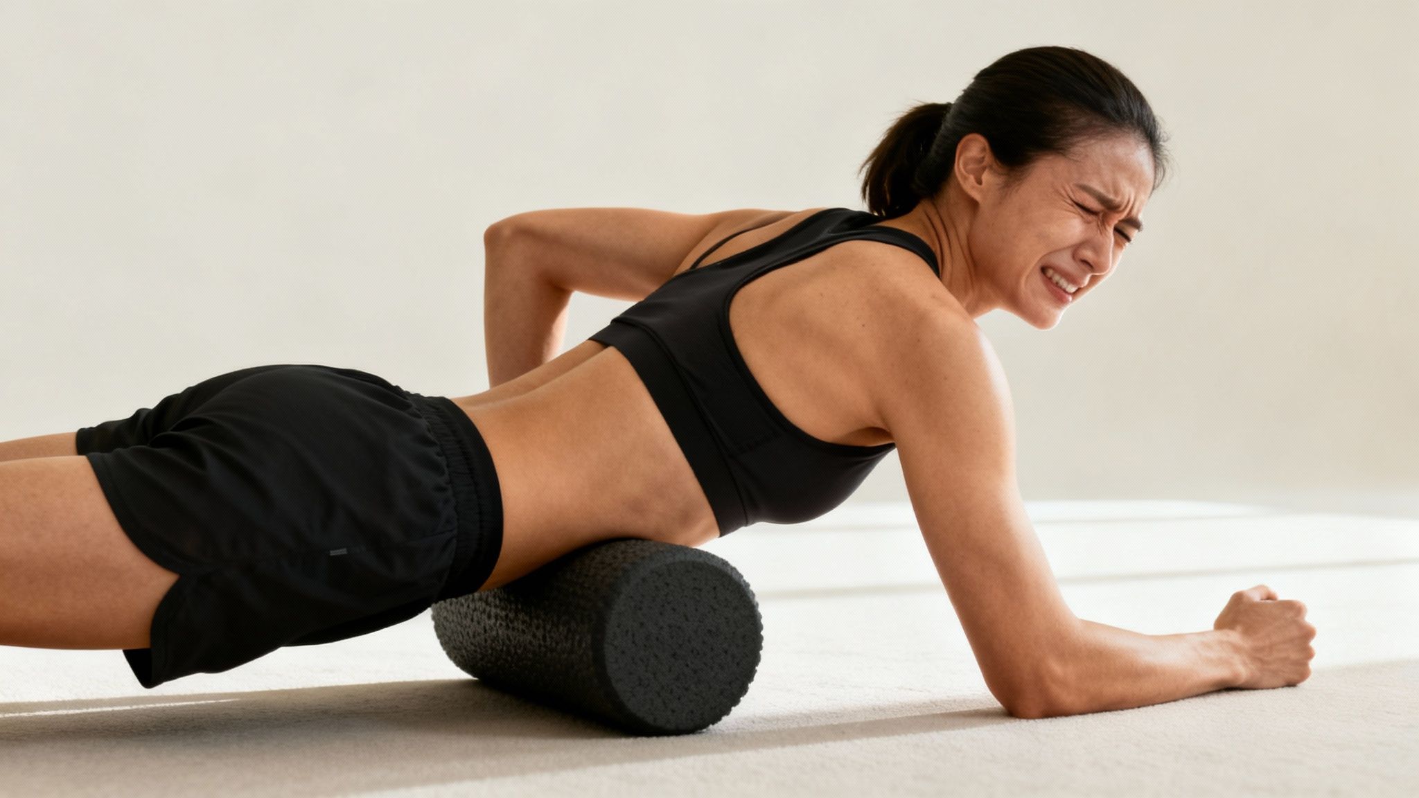 A woman grimaces in pain while foam rolling her back on a black roller.