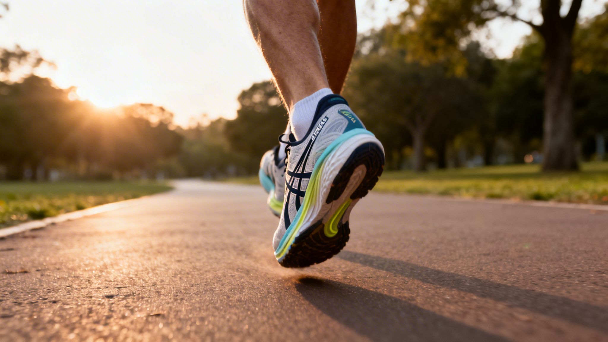 Close-up of a person running in Asics shoes on an outdoor path during sunset.