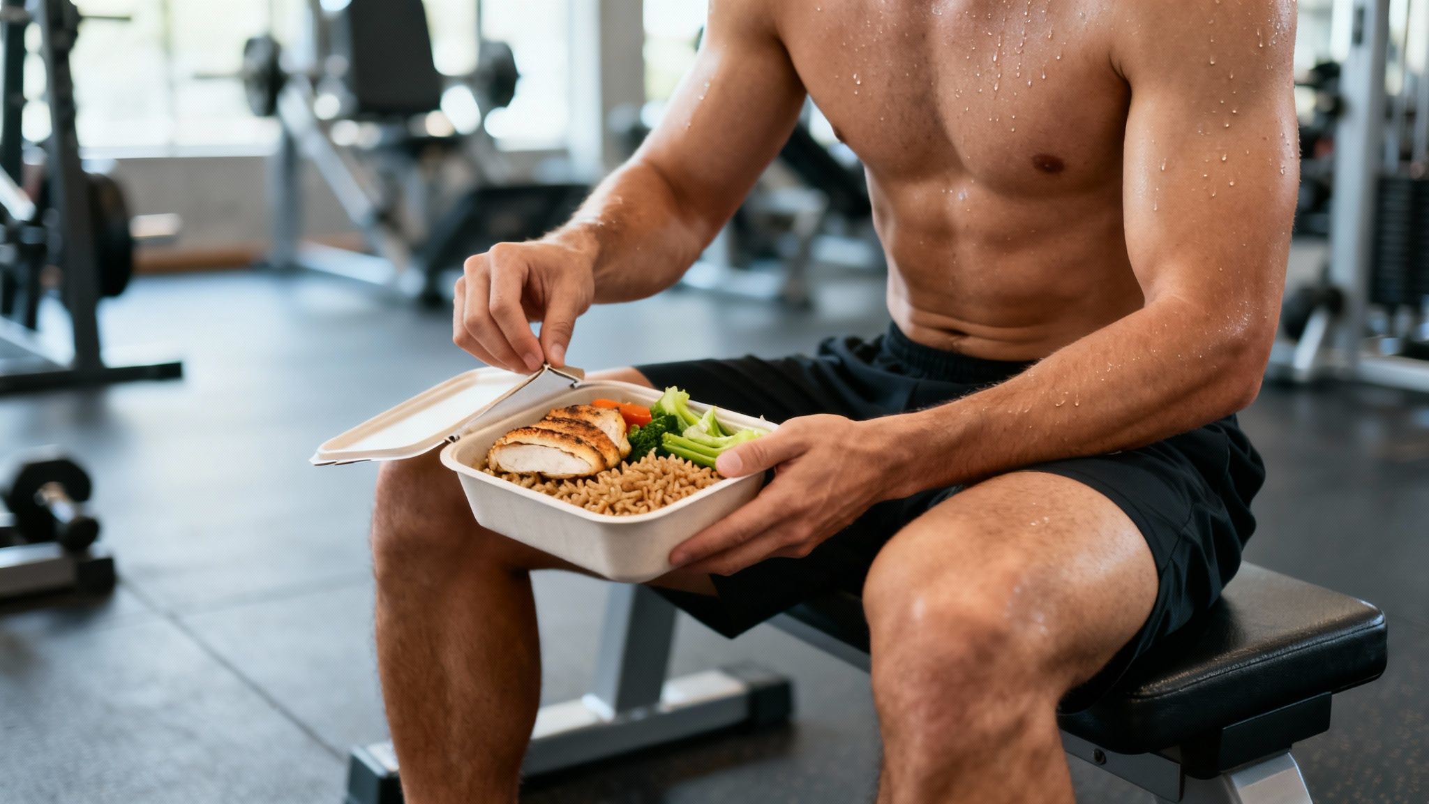 Sweaty man in gym opens a healthy meal prep container with grilled chicken, pasta, and vegetables.