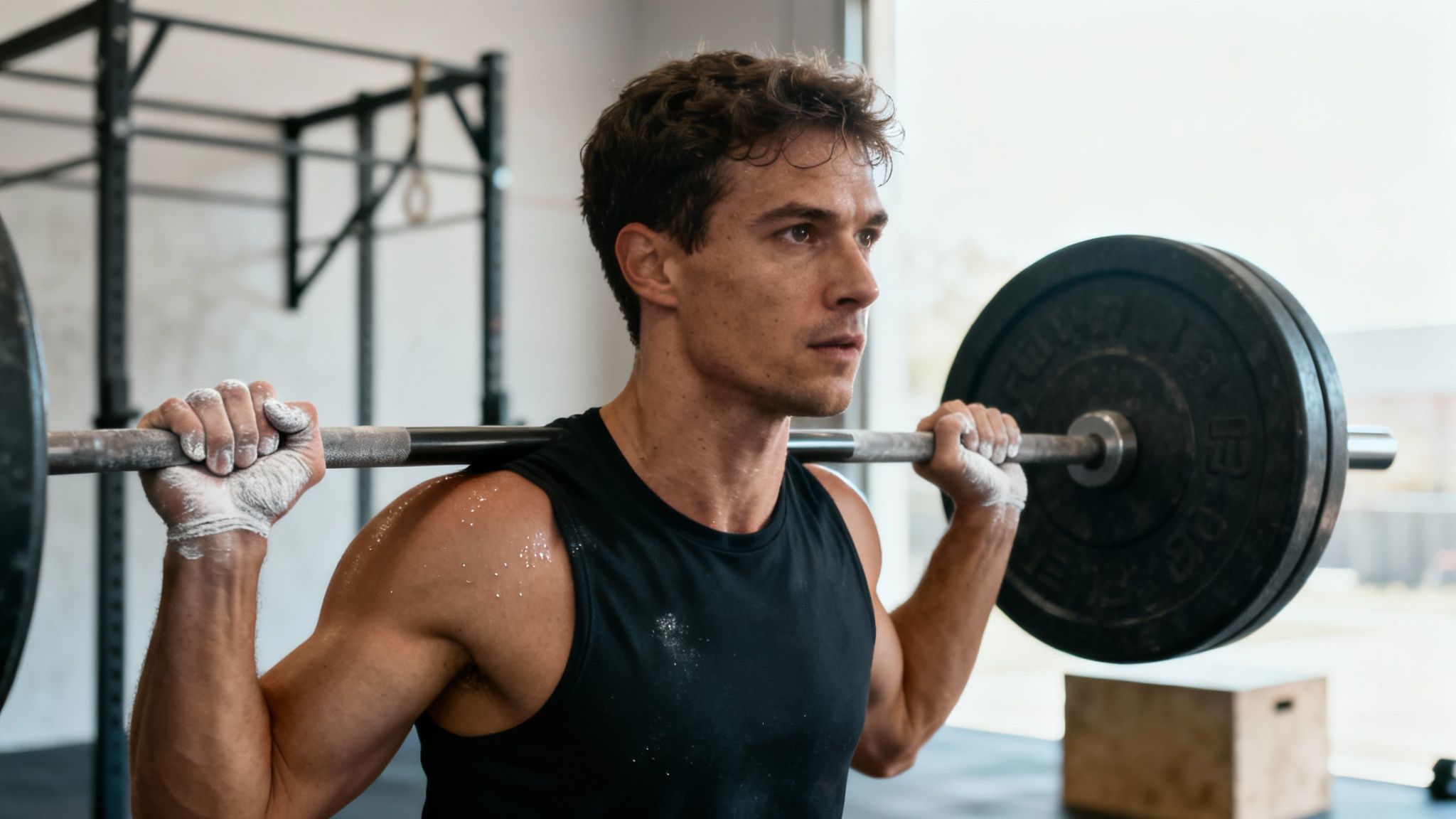 Man lifting a heavy barbell in a gym, focused expression, wearing a black tank top. Chalked hands, gym equipment in the background.