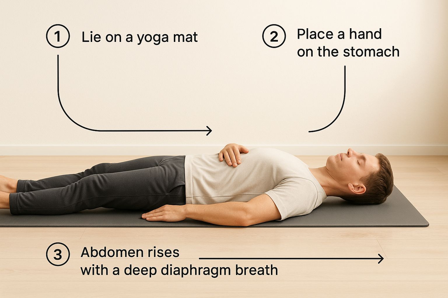 Person lying on a yoga mat with a hand on the stomach, demonstrating a deep diaphragm breath. Text instructions are displayed above.