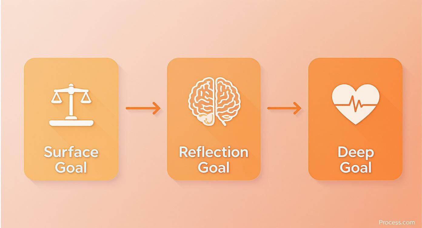 Three orange panels with icons and text: Surface Goal, Reflection Goal, Deep Goal. Arrows connect them. Background is peach.