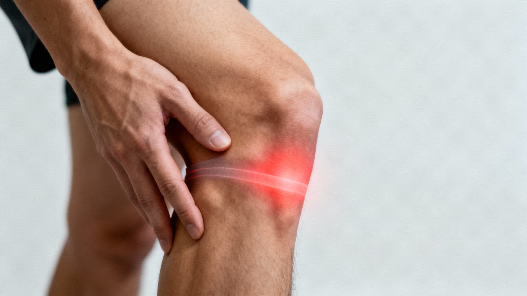 Person holding their painful knee with a red highlight, suggesting IT band inflammation or injury.