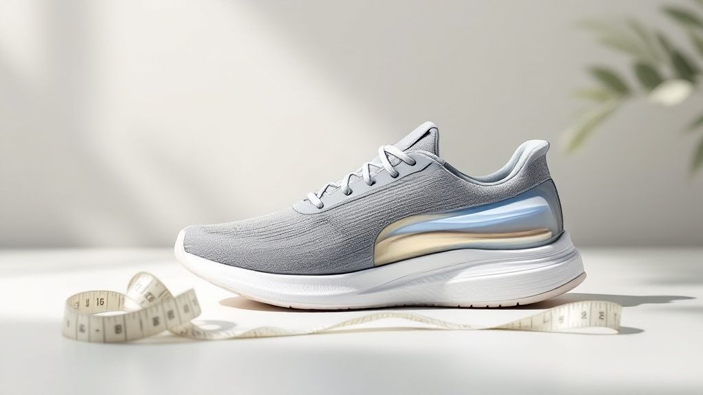 eye level shoe in grey from the side with a tape measure in front of the shoe, both sitting on a white gym floor