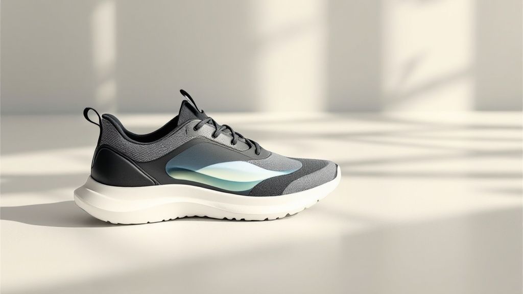 Eye level view of a single athletic shoe on a white floor