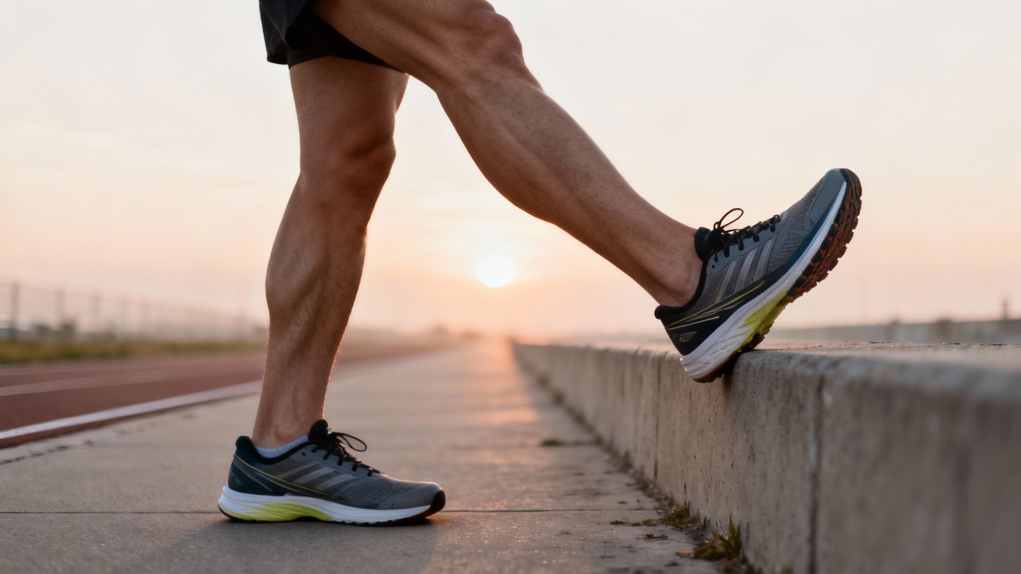 Eye level picture of a man from the thighs down stretching his calfs in grey running shoes