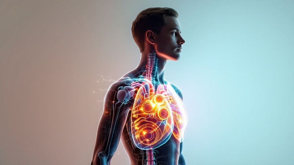 Image of a man standing with an internal vision of the lungs on his chest