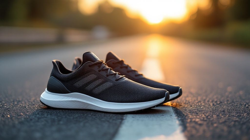 eye level picture of a pair of running shoes on a road at dusk.