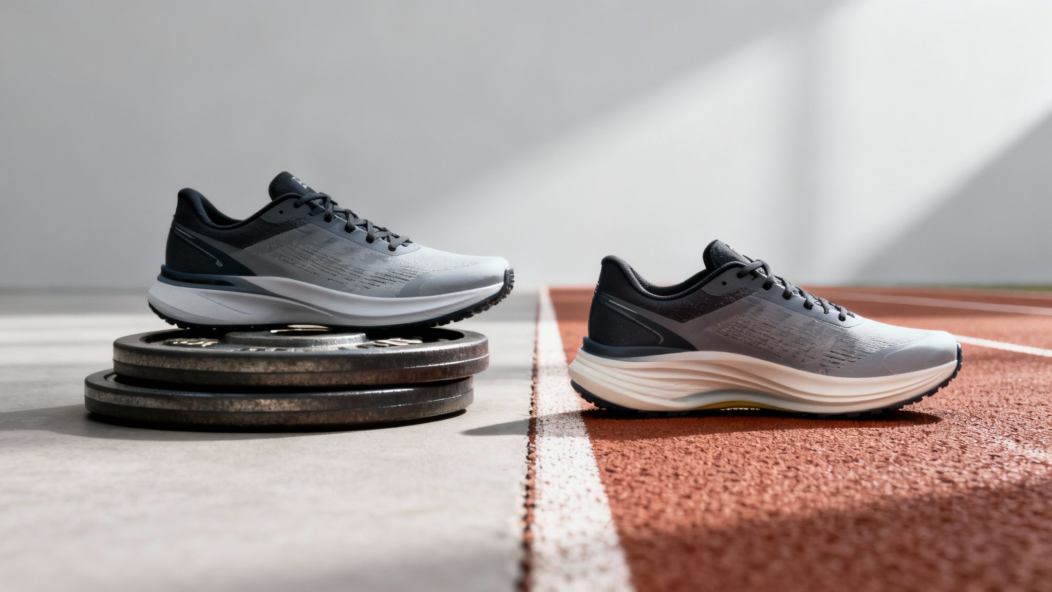 Two pairs of cross-training shoes at eye level. One sitting on two weight plates and one on the gym floor