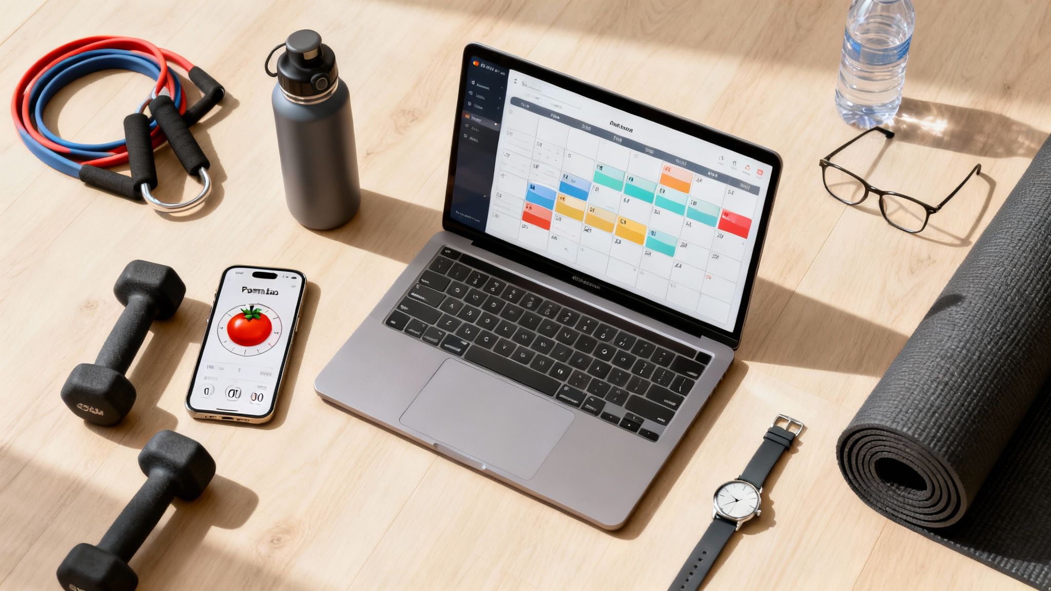 Table with many items centered around office work and working out