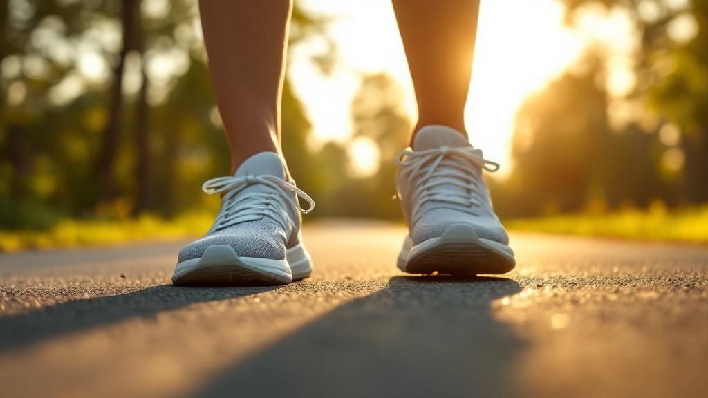 close up of running shoes from the ground level on a running path outside