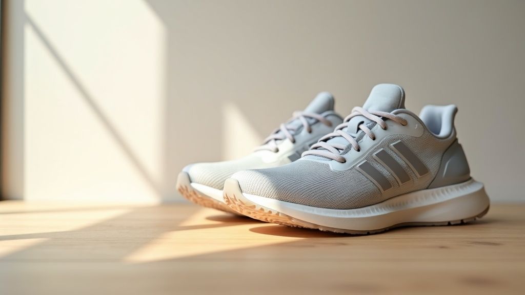 Cross-training shoes at eye level sitting on a gym floor