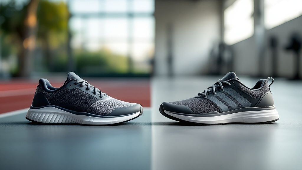 Two athletic shoes toe-to-toe on a gym floor