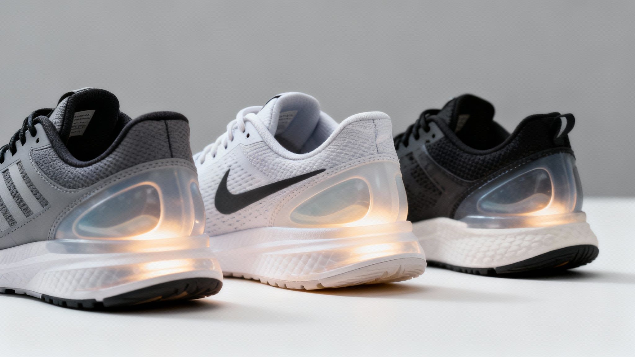 close up of three shoes from the heel side with spot lights on the heel areas