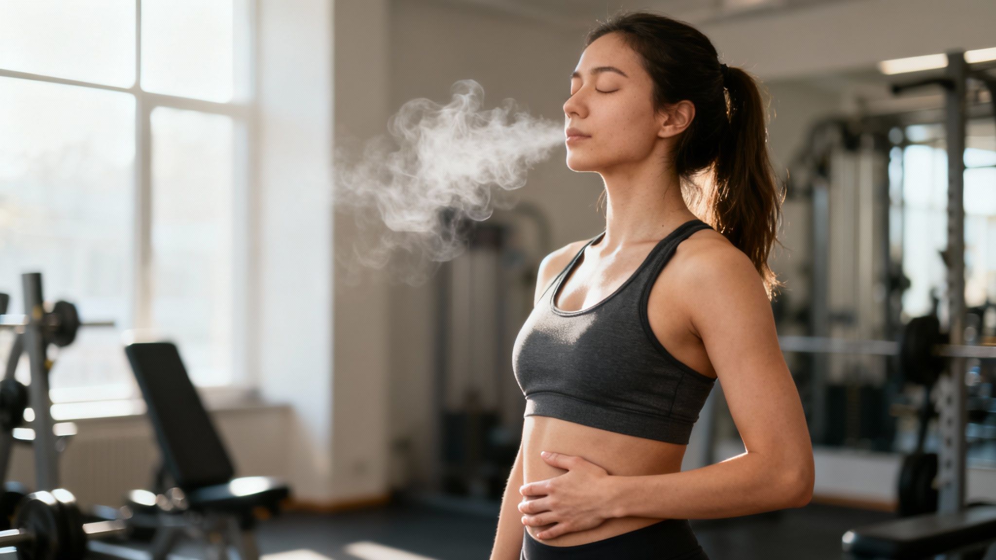 Woman dressed in a grey workout top exhaling her breath in a gym setting