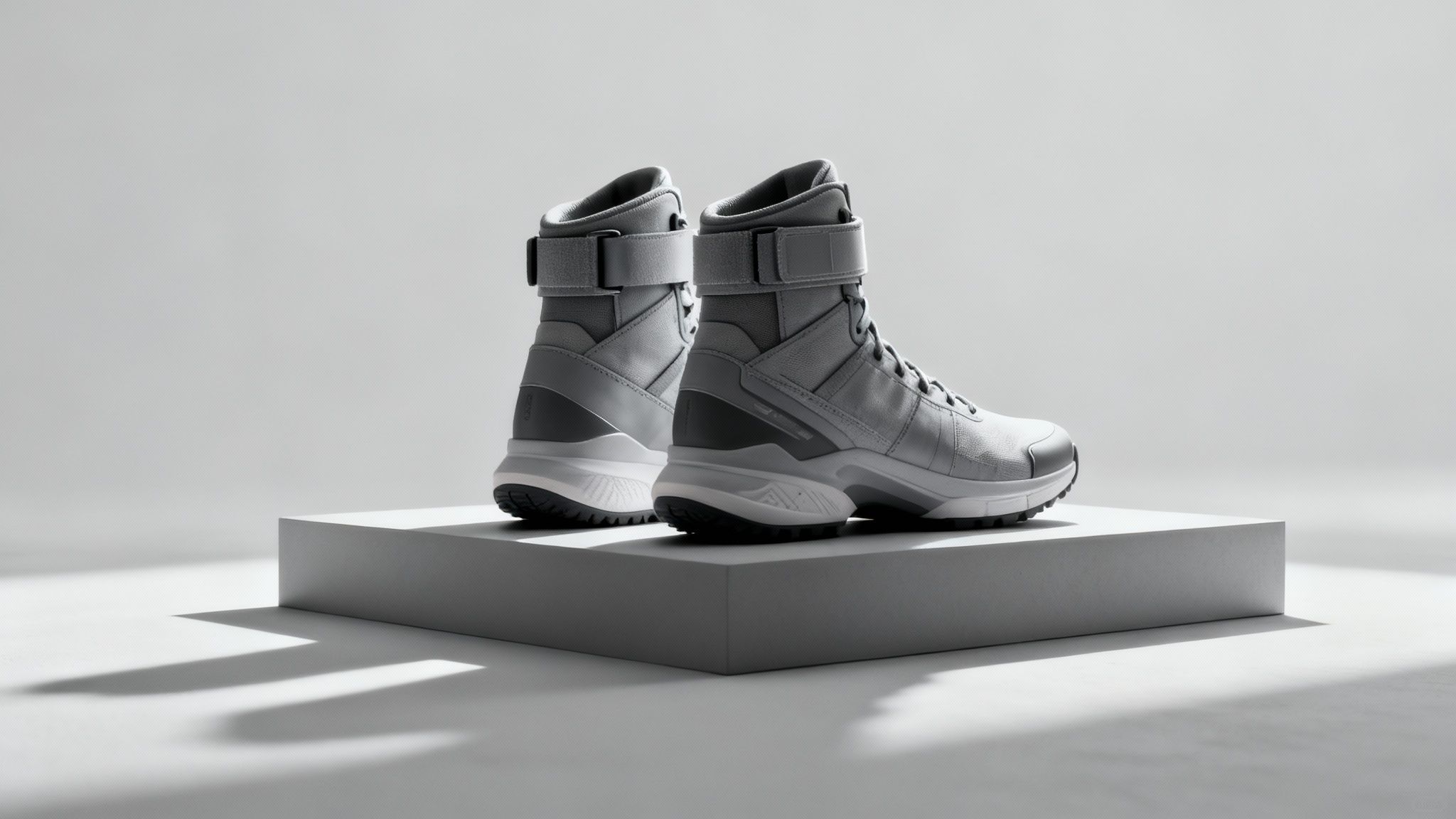 eye level side view of a pair of grey high top athletic shoes