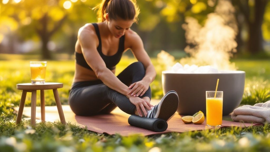 Woman sitting on a yoga mat in a park surrounded by oj, bowl of ice, and a small stool