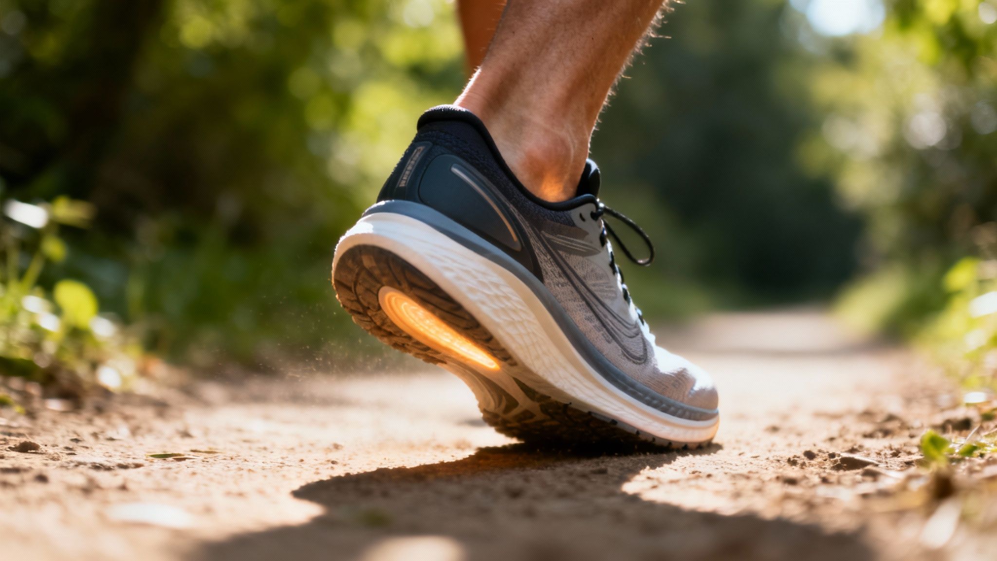 A picture of a man's foot running on a trail in the forest in a athletic shoe
