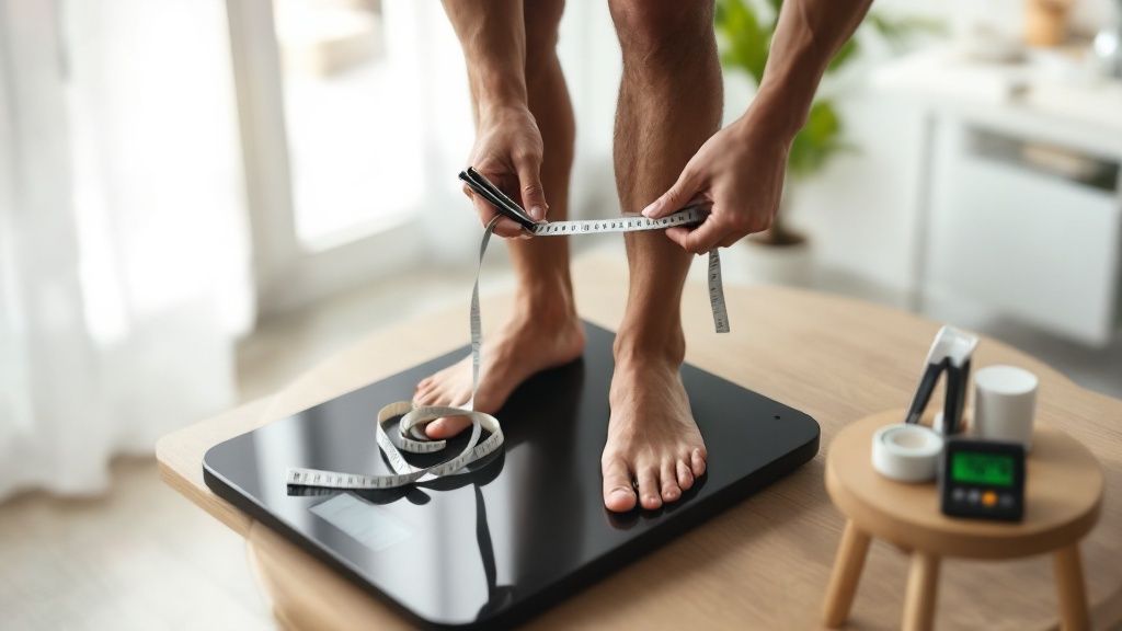 Man on a scale with a tape measure standing near a glass door
