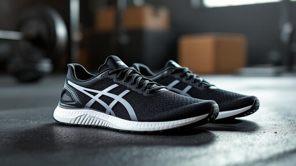 Pair of black ASICS on a black gym floor