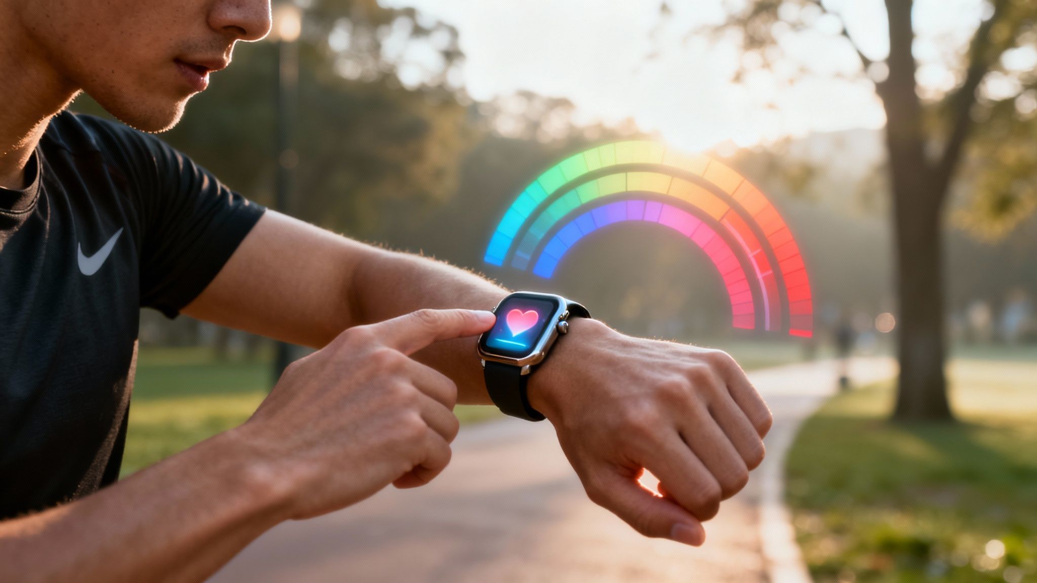 Man checking his heart rate on a wrist monitor before a run in the park.