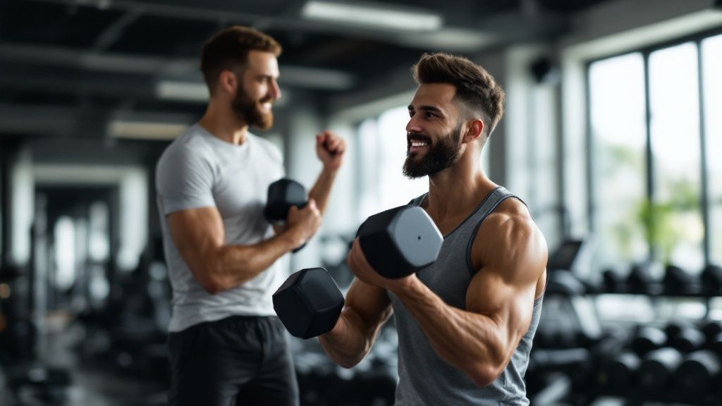 Two guys in the gym lifting dumbbells