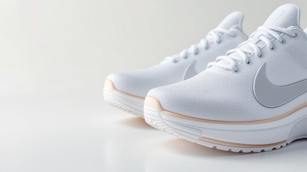 Front half of a white pair of training shoes with gold trim sitting on a white floor