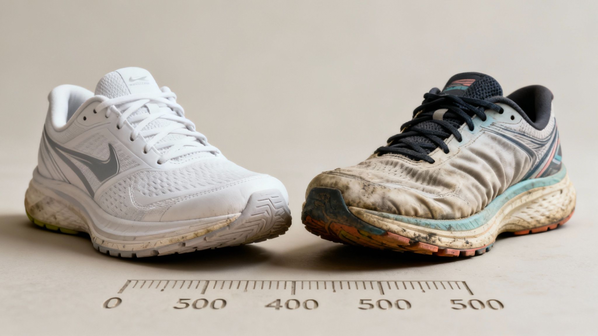 Two shoes toe to toe, one worn the other new at eye level on the floor