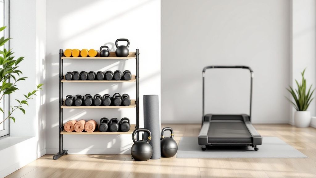 Home gym with weights , kettlebells, and a treadmill