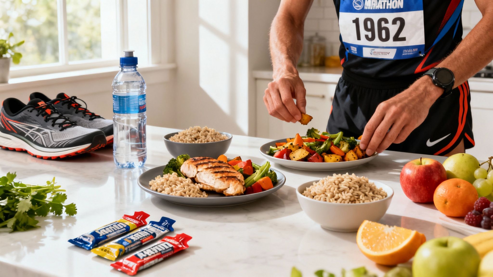 Table with all the foods necessary to eat for a marathon