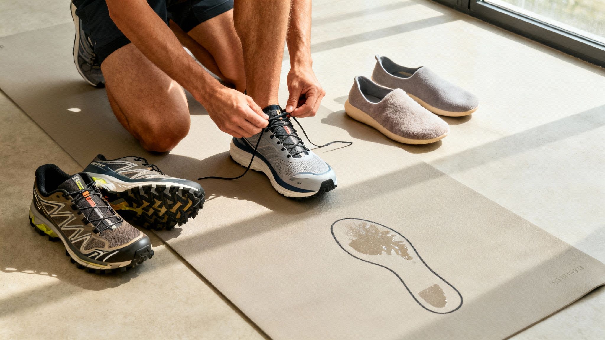 Man kneeling, tying his shoe with worn shoes to his right sitting on the floor