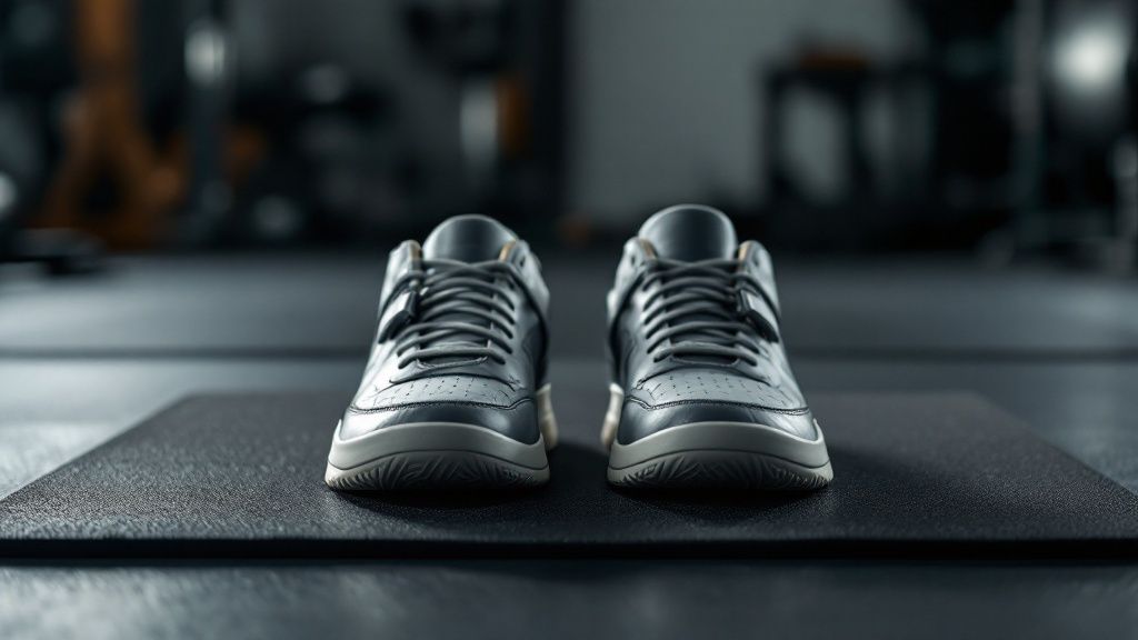 Front on picture of gym shoes on a mat in the gym