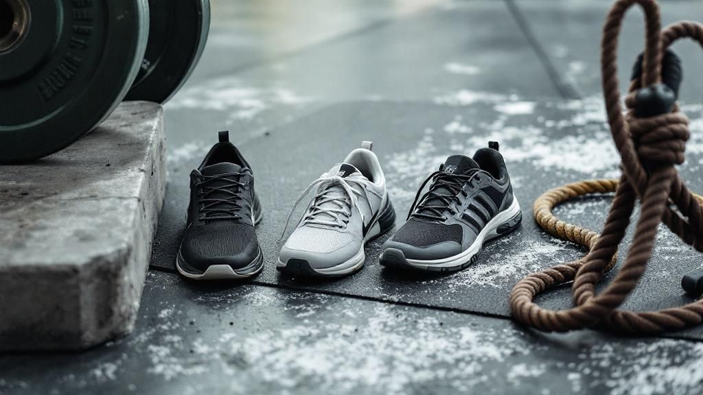 Selection of shoes on gym floor near a rope and dumbbells
