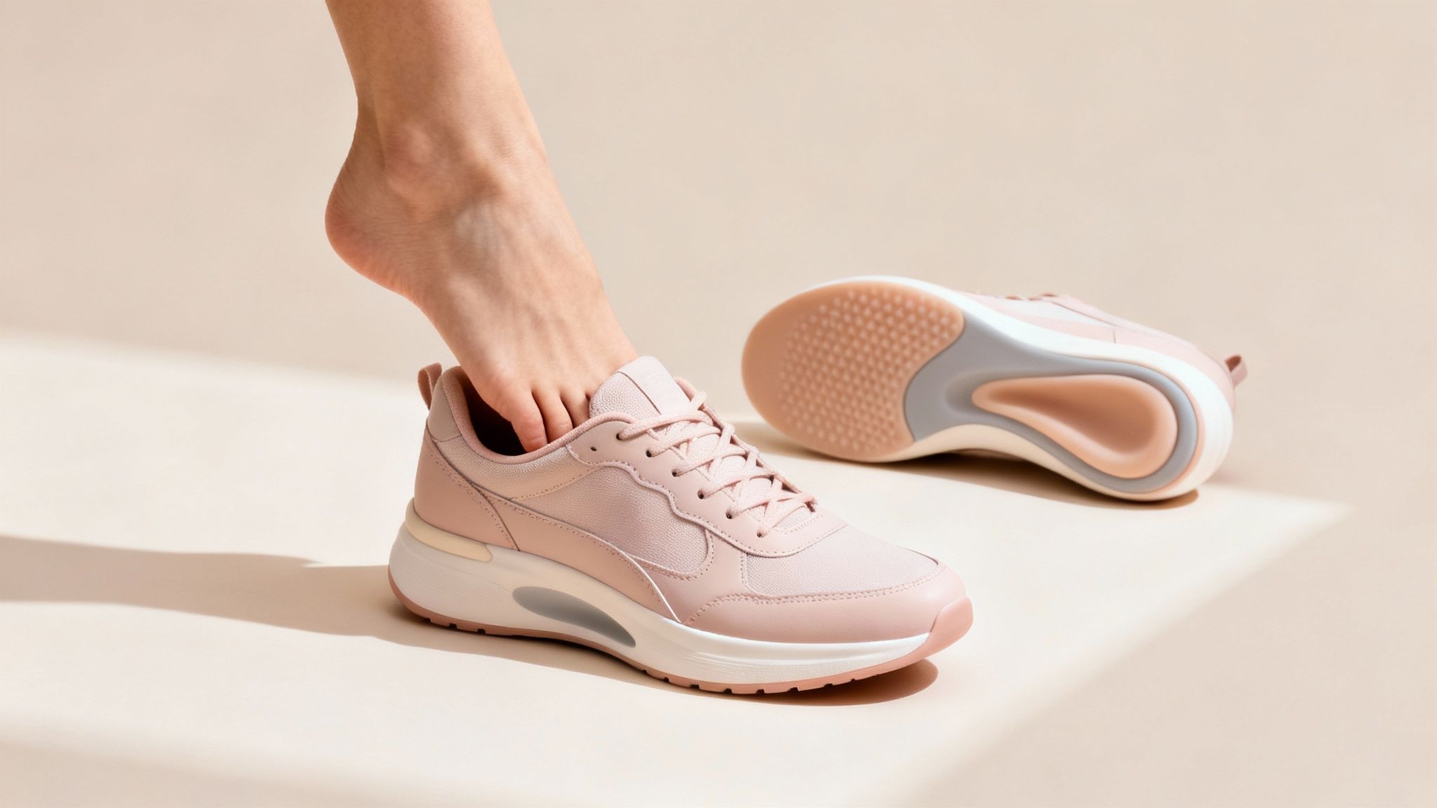 woman putting her foot in a light pink running shoe