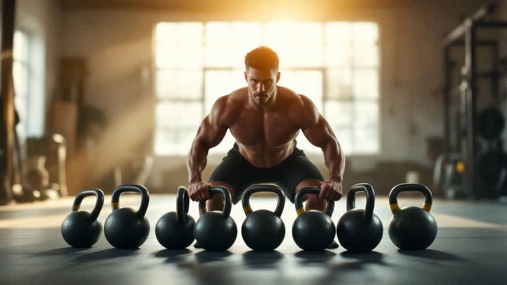 man squatting on a gym floor looking at 8 kettlebells