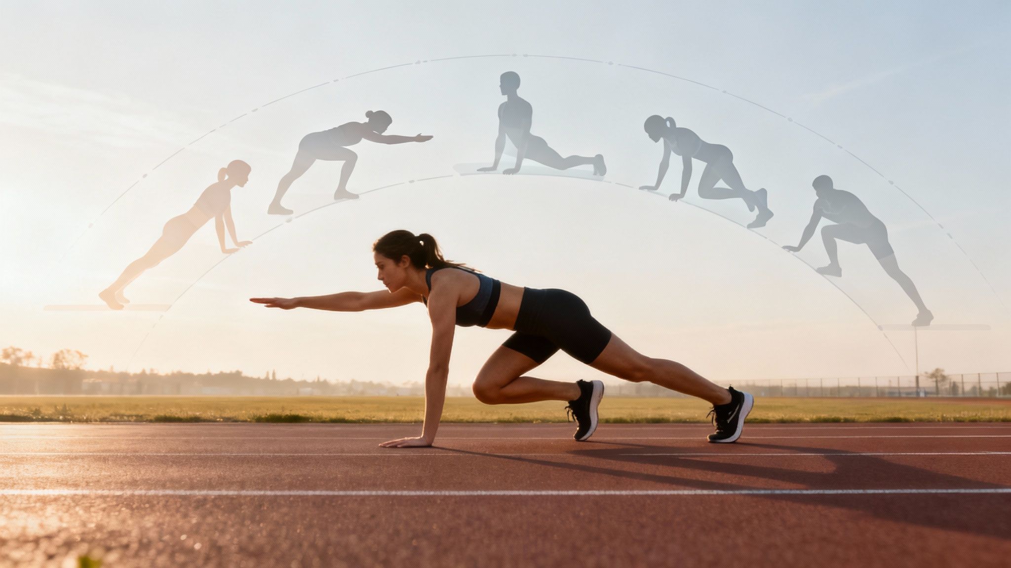 Woman in a Superman pose with other poses pictured above her head while she is on an outdoor running track