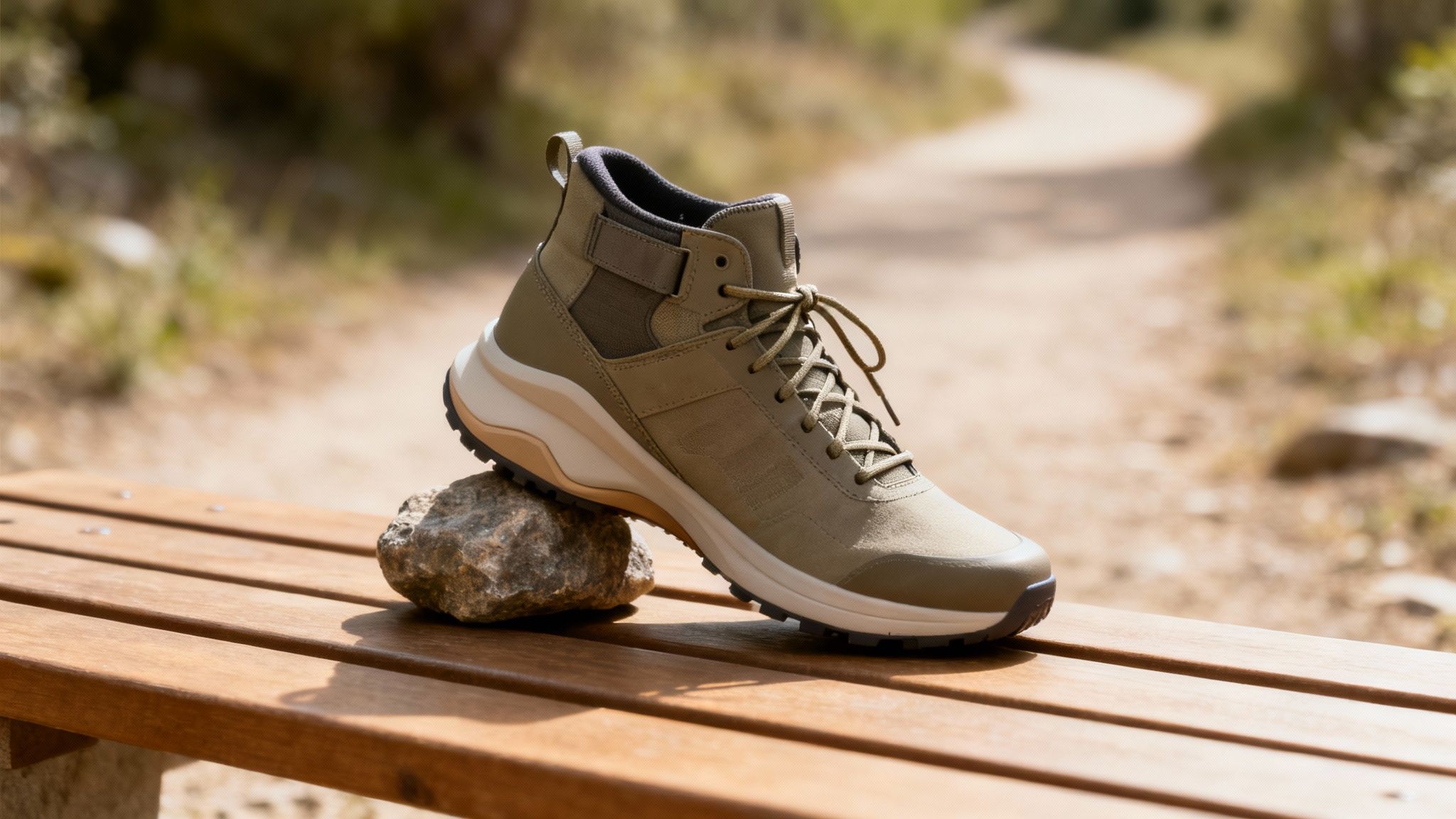 Beige boot with it's heel resting on a rock sitting on a bench next to a outdoor trail
