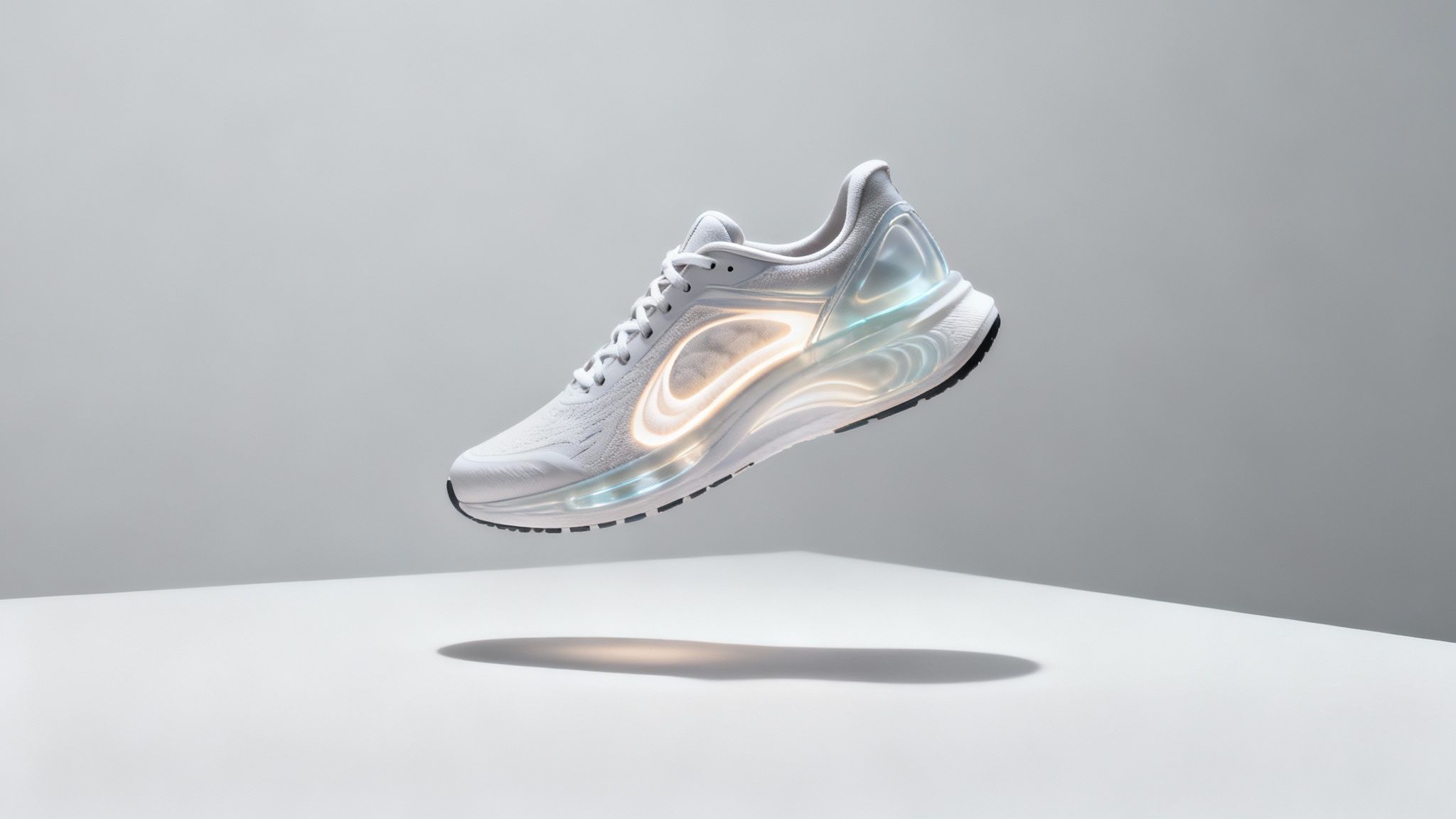 Futuristic shoe hovering off the ground in a white room
