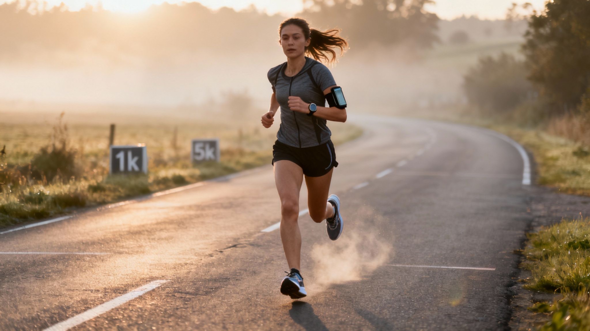 Woman running at dawn on a country road