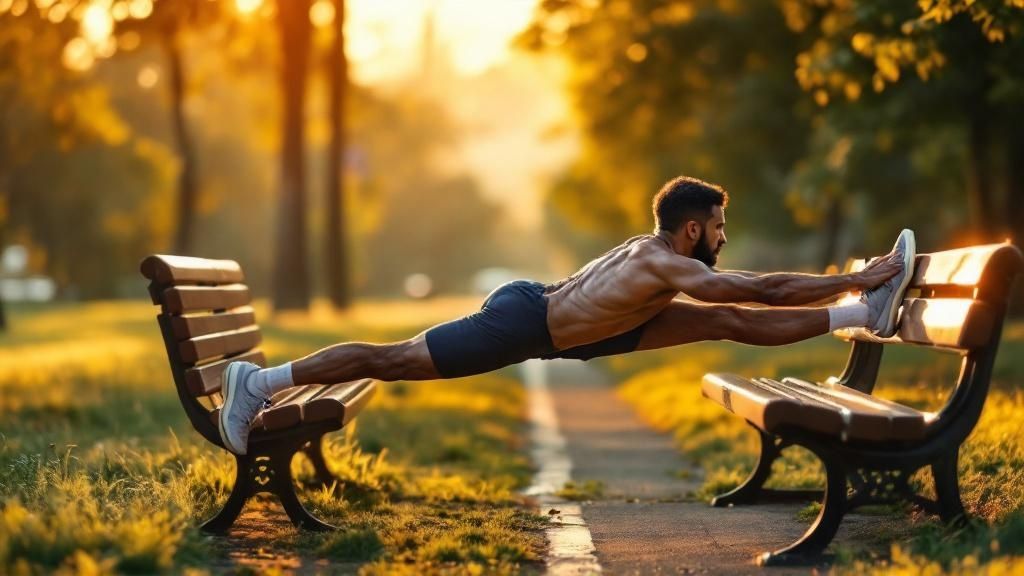Man doing spilts across two park benches in a park