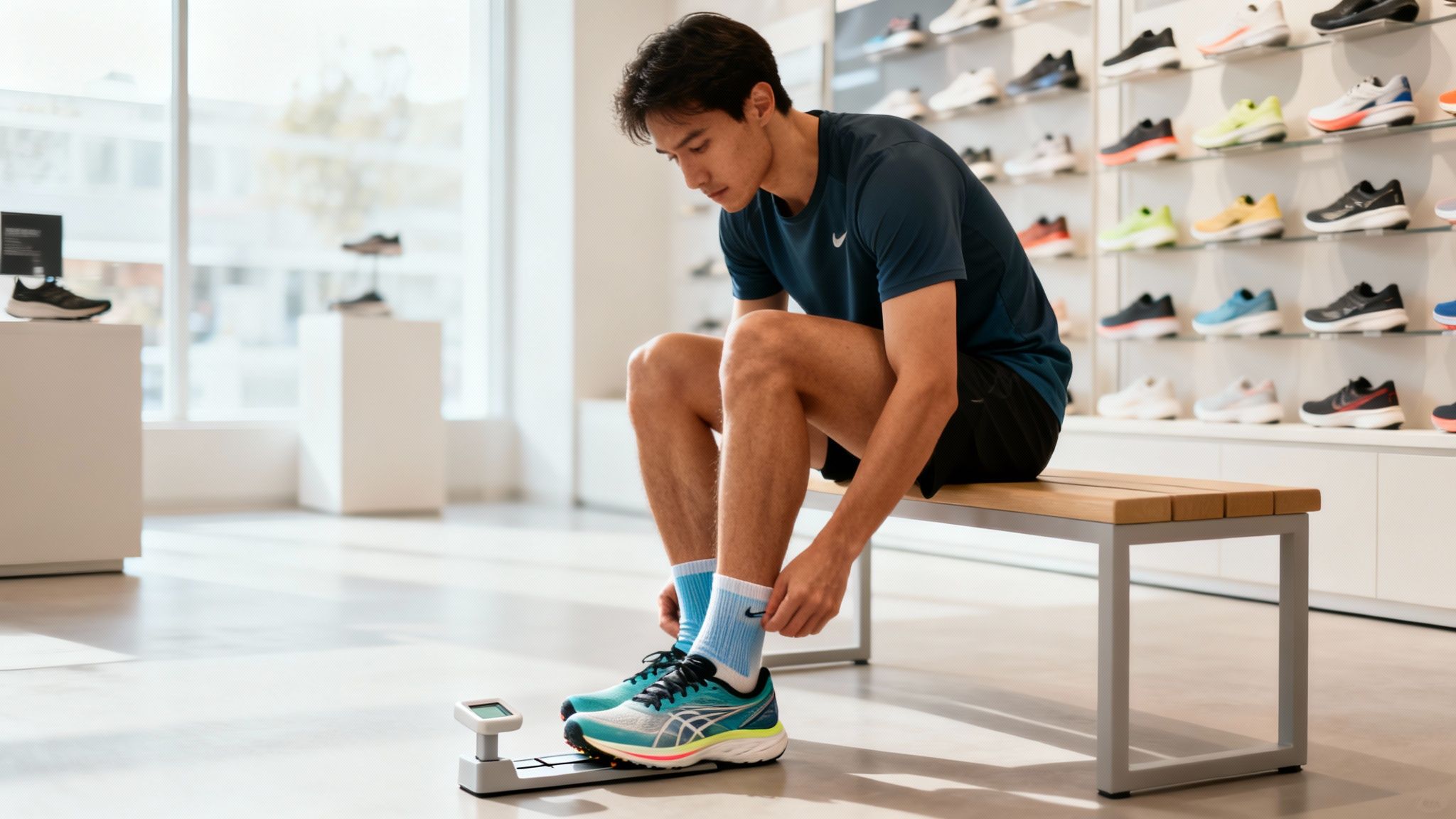 A man in a running shoe store trying on new running shoes with a foot measuring device.