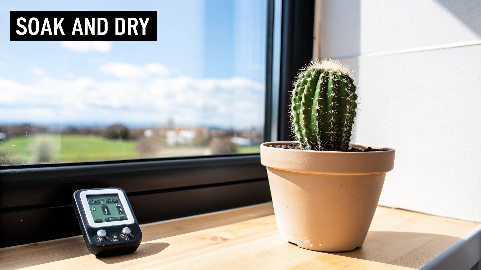 A potted cactus and remote control on a sunny wooden windowsill, with 'SOAK AND DRY' text.