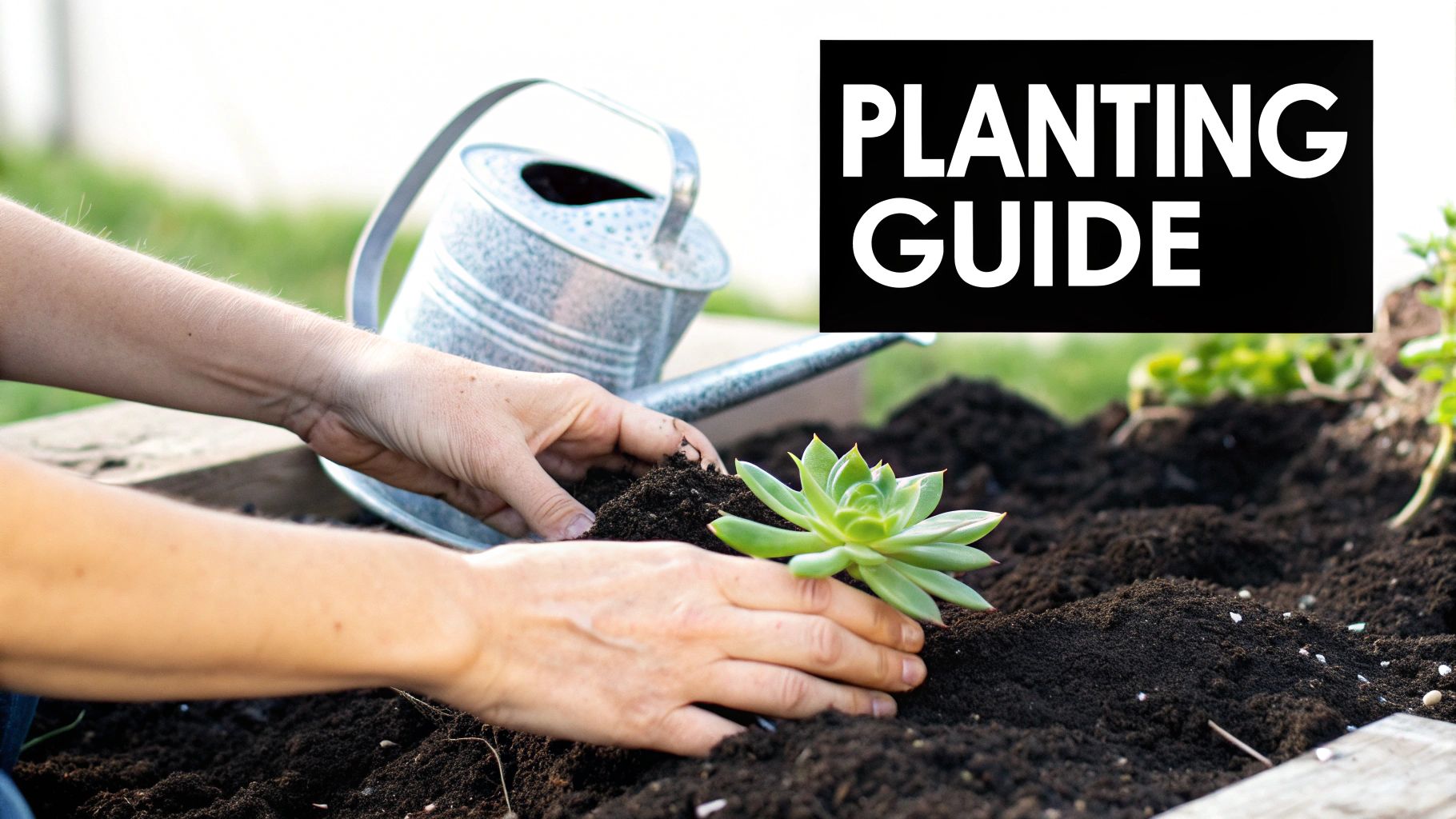 A person planting a small succulent in a prepared garden bed.