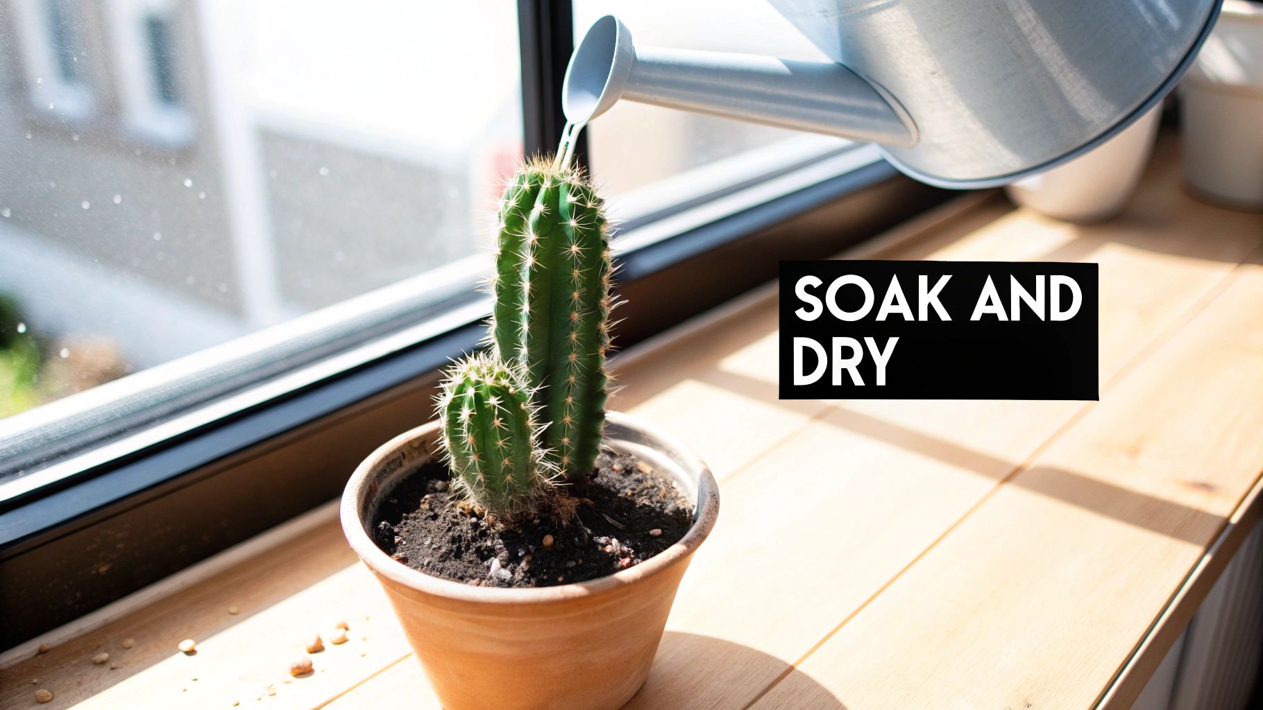 A small cactus plant in a terracotta pot is being watered by a light blue watering can on a sunny windowsill.