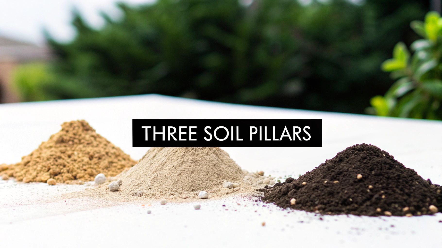 Three distinct piles of soil of different colors, representing soil pillars, on a white surface.