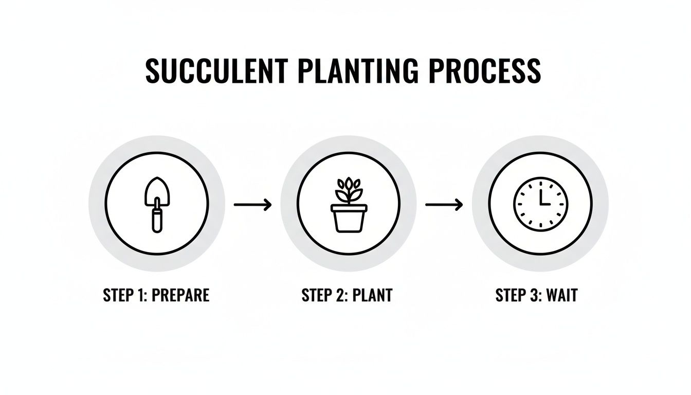 A diagram illustrating the three-step succulent planting process: prepare, plant, and wait.
