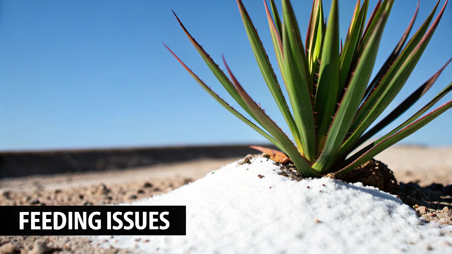 Close-up of a green yucca plant with a pile of white fertilizer on dry ground under a blue sky.
